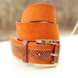 EUC Michael Kors Burnt Orange Gold Suede Snake Embossed Leather Belt 32”